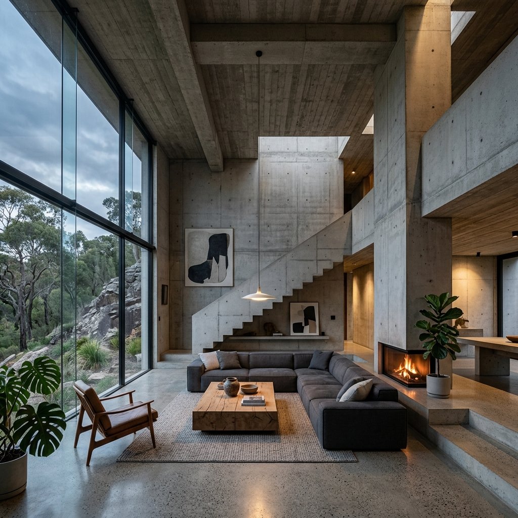 A breathtaking wide shot capturing the essence of 15 Brutalist Concrete Interior Inspos for the Modern Minimalist