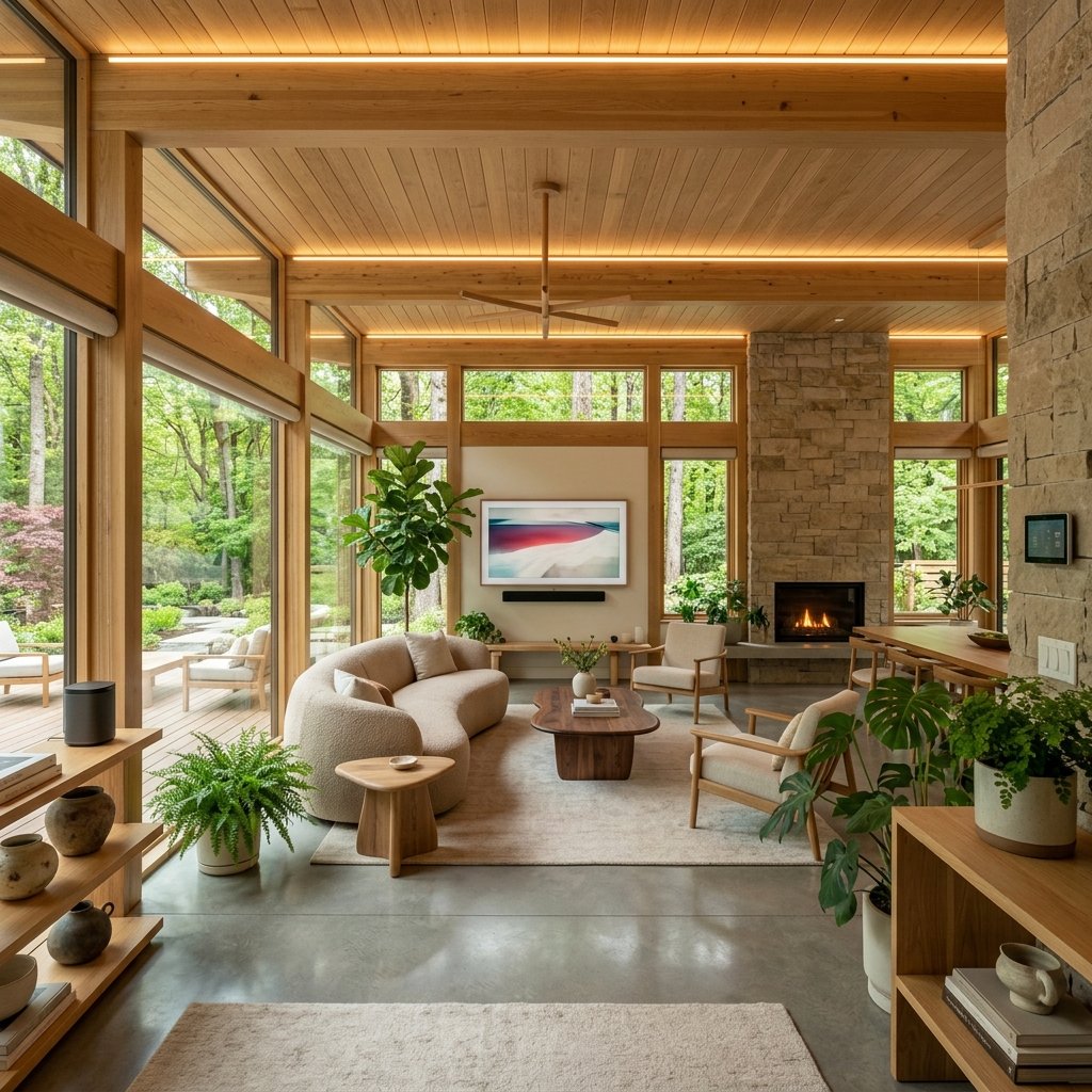 A breathtaking wide shot capturing the essence of 13 Organic Modern Living Rooms Integrating Nature and Tech
