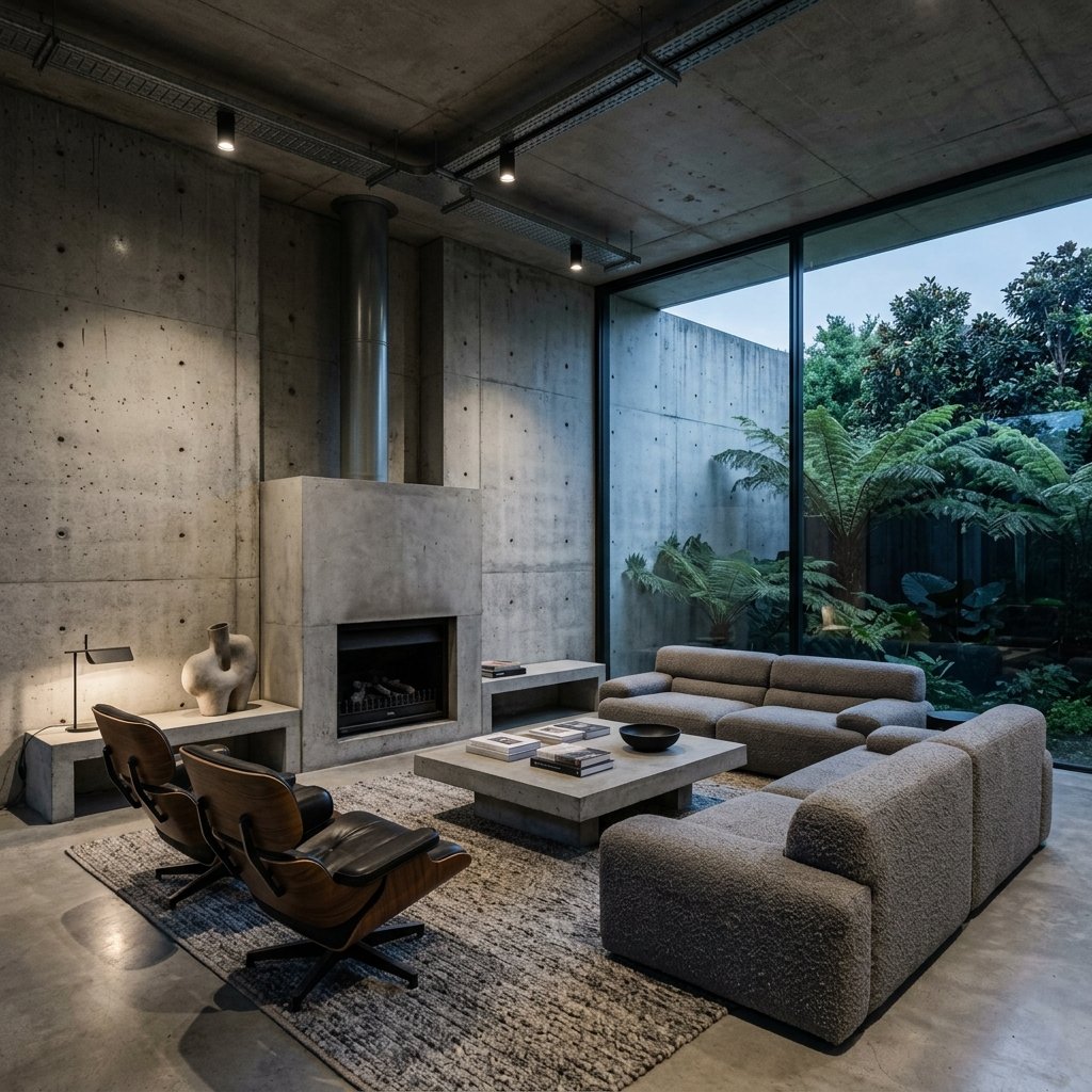 Interior design multi-camera angle 1 showing the concept 1 for 15 Brutalist Concrete Interior Inspos for the Modern Minimalist