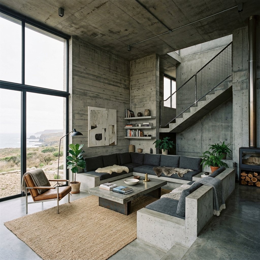 Interior design multi-camera angle 2 showing the concept 1 for 15 Brutalist Concrete Interior Inspos for the Modern Minimalist