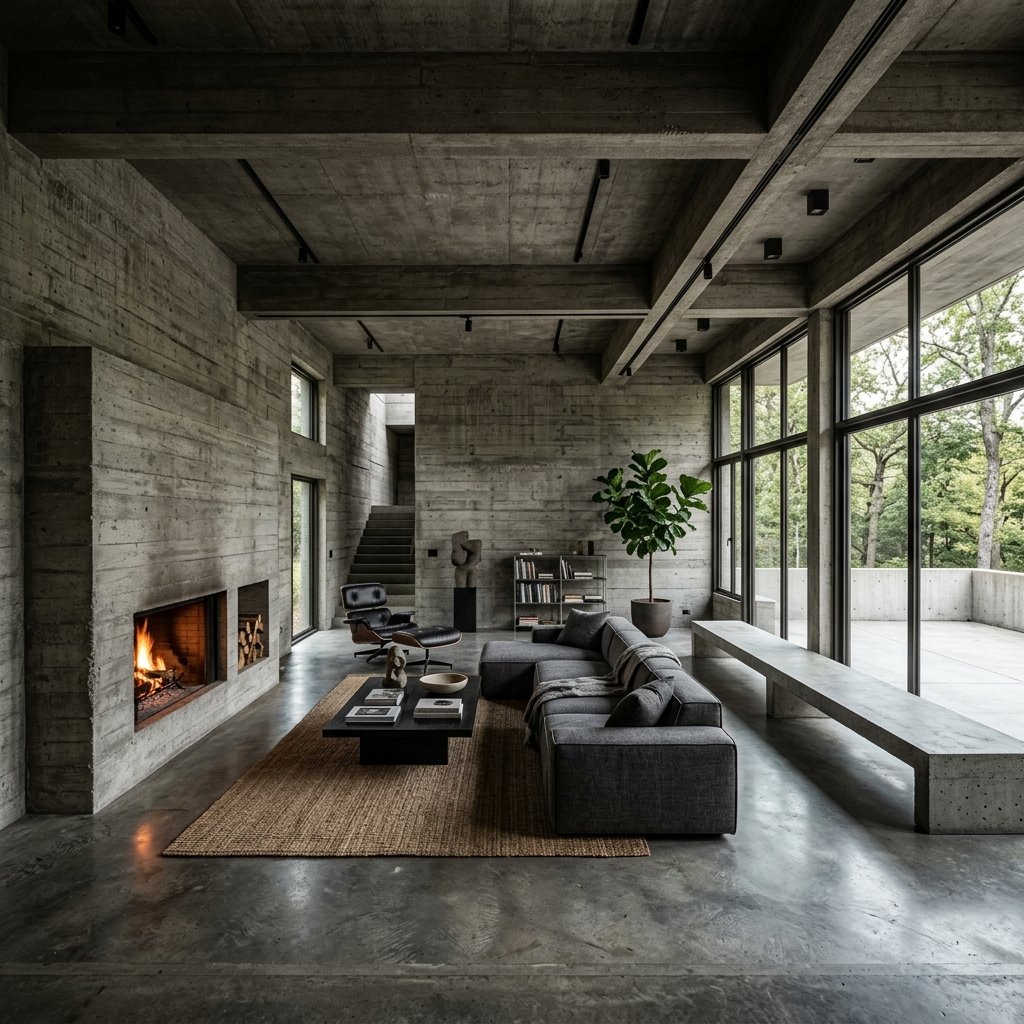 Interior design multi-camera angle 3 showing the concept 1 for 15 Brutalist Concrete Interior Inspos for the Modern Minimalist