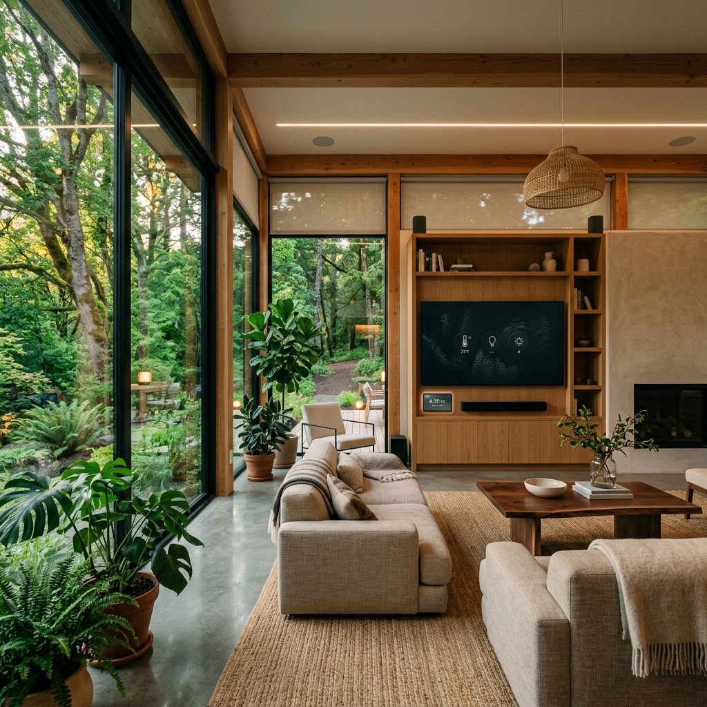 Interior design multi-camera angle 1 showing the concept 1 for 13 Organic Modern Living Rooms Integrating Nature and Tech