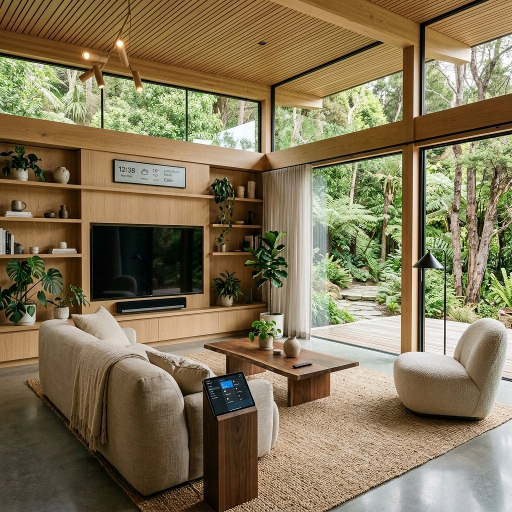 Interior design multi-camera angle 2 showing the concept 1 for 13 Organic Modern Living Rooms Integrating Nature and Tech