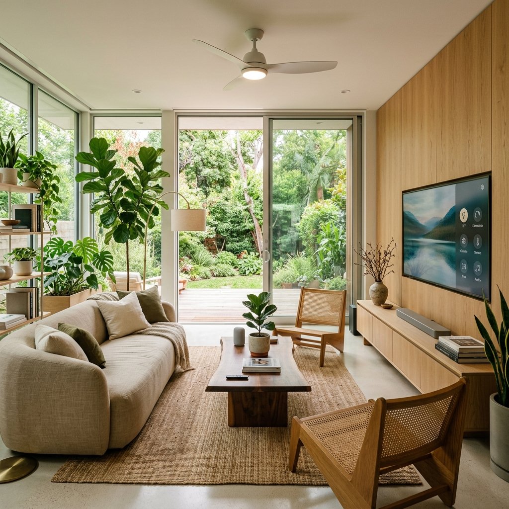 Interior design multi-camera angle 3 showing the concept 1 for 13 Organic Modern Living Rooms Integrating Nature and Tech