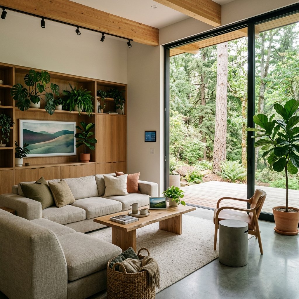 Interior design multi-camera angle 1 showing the concept 2 for 13 Organic Modern Living Rooms Integrating Nature and Tech